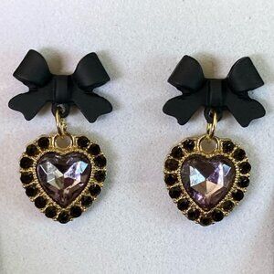 Earrings Black Crystal Heart Bow Dangle Drop Hollywood Glam Trendy Fun Stylish